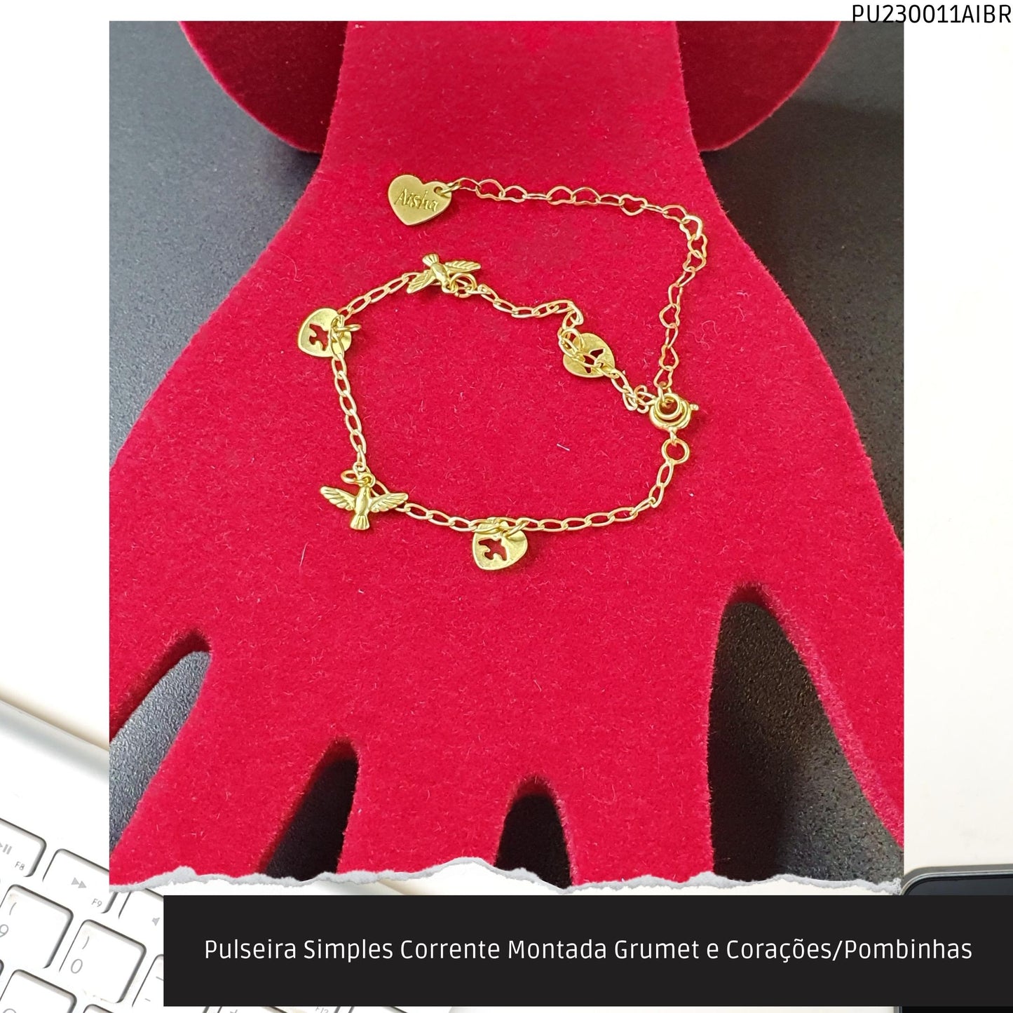 Pulseira Simples Corrente Montada Grumet e Corações/Pombinhas  - Código.: PU230011AIBR  - Peso.: 2.4 gr