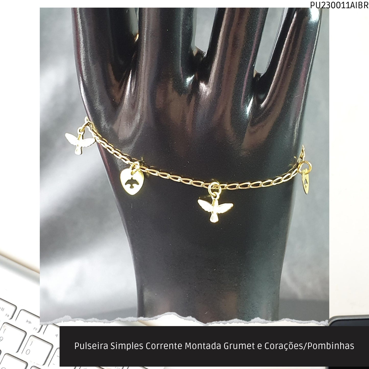 Pulseira Simples Corrente Montada Grumet e Corações/Pombinhas  - Código.: PU230011AIBR  - Peso.: 2.4 gr
