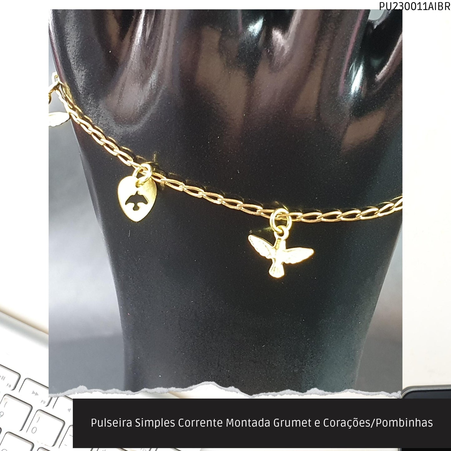 Pulseira Simples Corrente Montada Grumet e Corações/Pombinhas  - Código.: PU230011AIBR  - Peso.: 2.4 gr