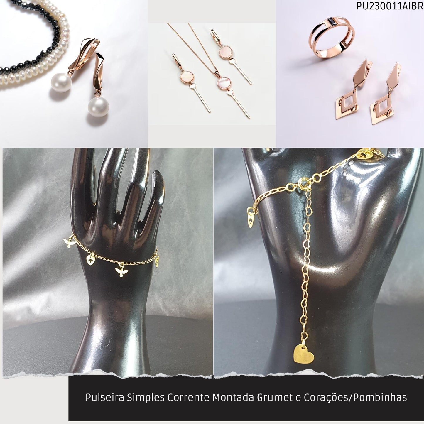 Pulseira Simples Corrente Montada Grumet e Corações/Pombinhas  - Código.: PU230011AIBR  - Peso.: 2.4 gr