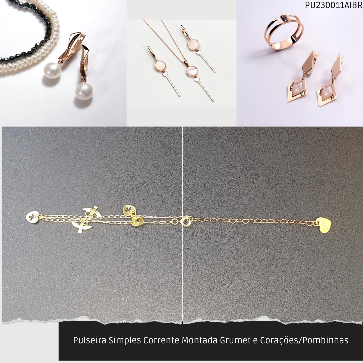 Pulseira Simples Corrente Montada Grumet e Corações/Pombinhas  - Código.: PU230011AIBR  - Peso.: 2.4 gr