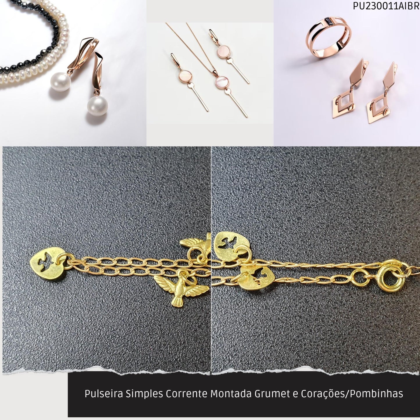 Pulseira Simples Corrente Montada Grumet e Corações/Pombinhas  - Código.: PU230011AIBR  - Peso.: 2.4 gr