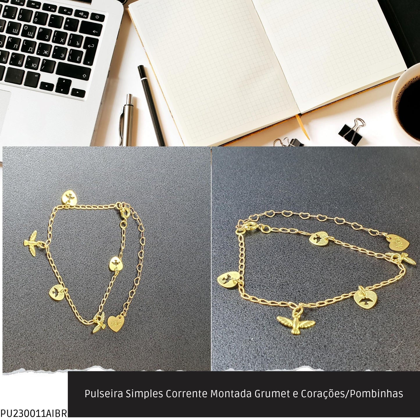 Pulseira Simples Corrente Montada Grumet e Corações/Pombinhas  - Código.: PU230011AIBR  - Peso.: 2.4 gr