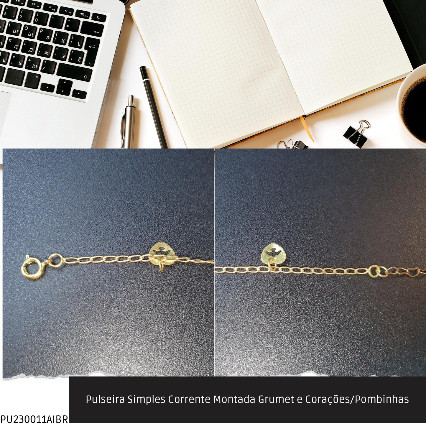 Pulseira Simples Corrente Montada Grumet e Corações/Pombinhas  - Código.: PU230011AIBR  - Peso.: 2.4 gr