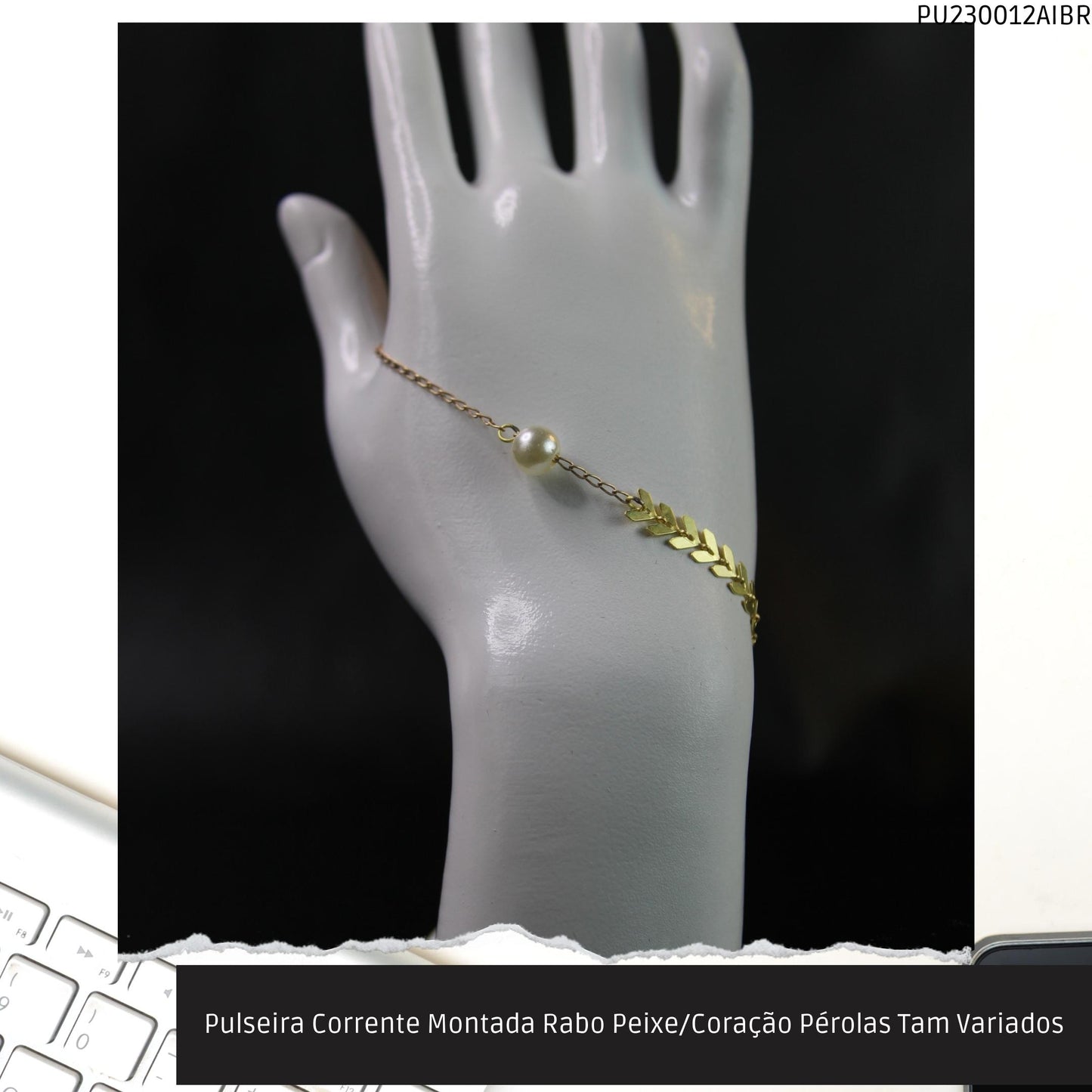 Pulseira Corrente Montada Rabo Peixe/Coração Pérolas Tam Variados  - Código.: PU230012AIBR  - Peso.: 3.6 gr