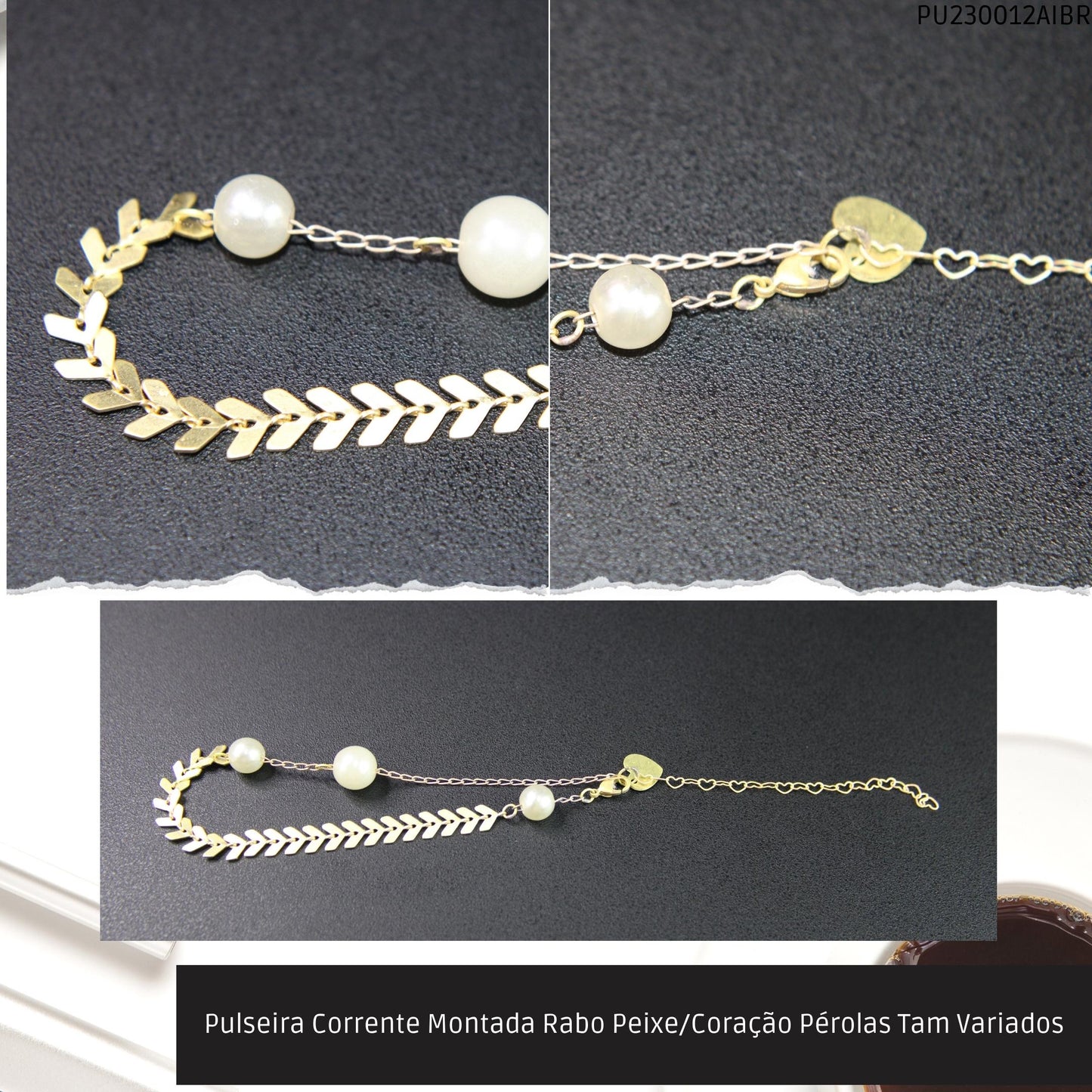 Pulseira Corrente Montada Rabo Peixe/Coração Pérolas Tam Variados  - Código.: PU230012AIBR  - Peso.: 3.6 gr