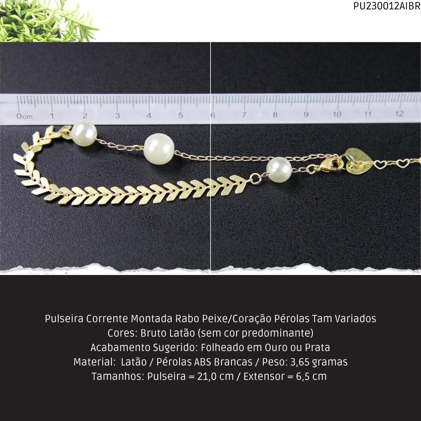 Pulseira Corrente Montada Rabo Peixe/Coração Pérolas Tam Variados  - Código.: PU230012AIBR  - Peso.: 3.6 gr