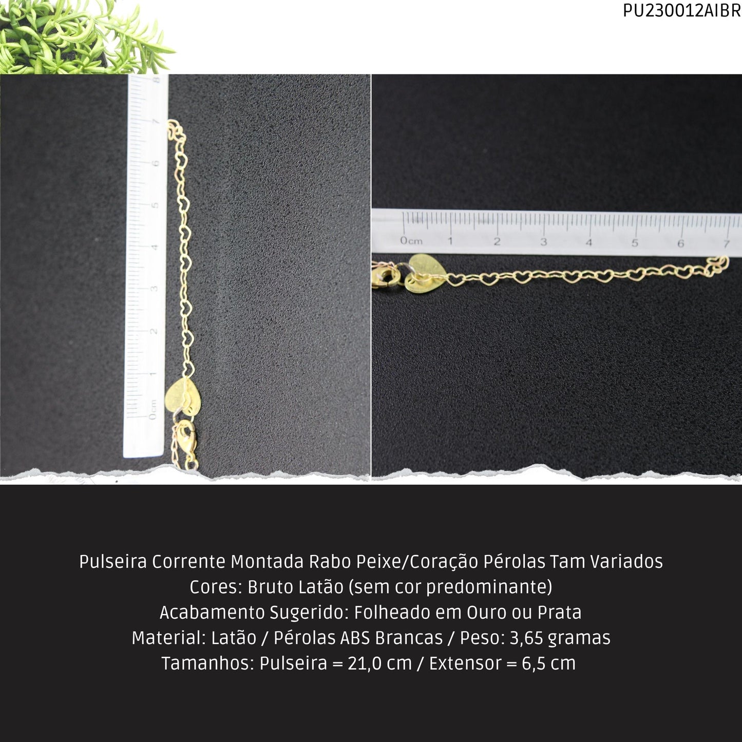 Pulseira Corrente Montada Rabo Peixe/Coração Pérolas Tam Variados  - Código.: PU230012AIBR  - Peso.: 3.6 gr