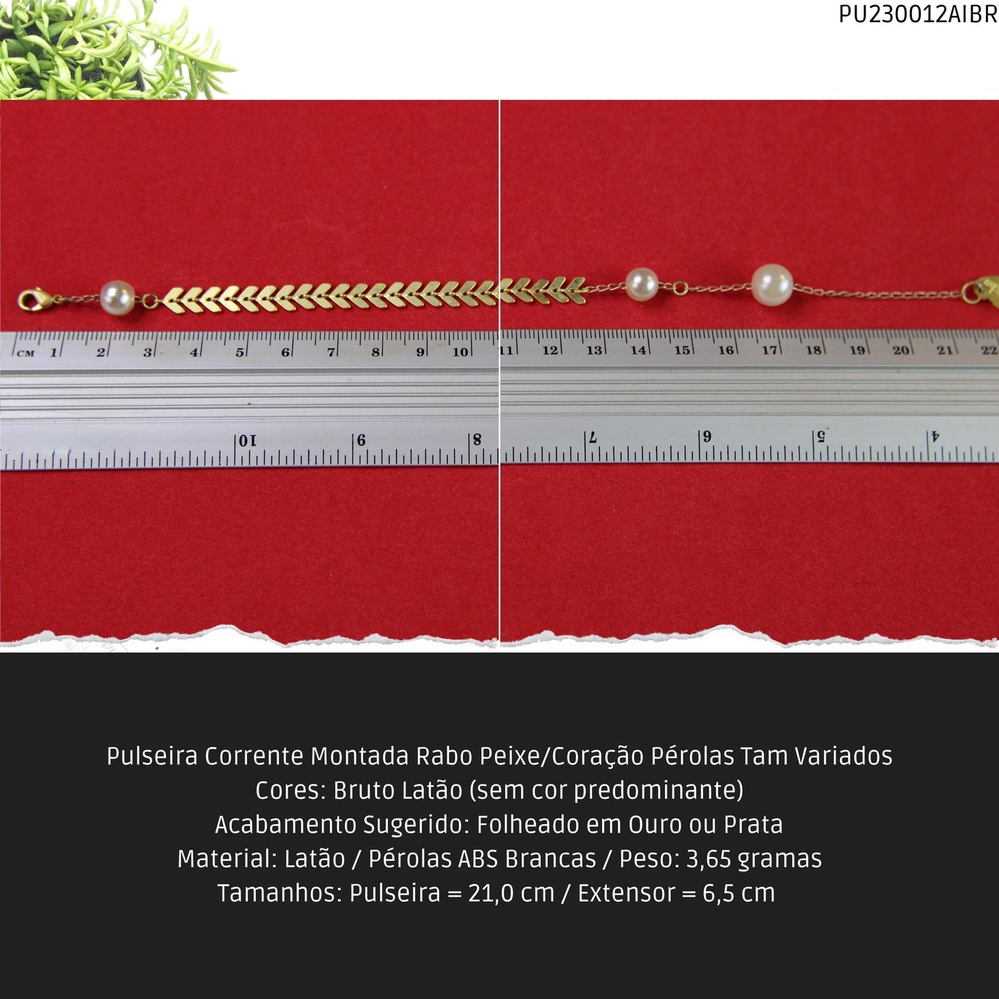 Pulseira Corrente Montada Rabo Peixe/Coração Pérolas Tam Variados  - Código.: PU230012AIBR  - Peso.: 3.6 gr