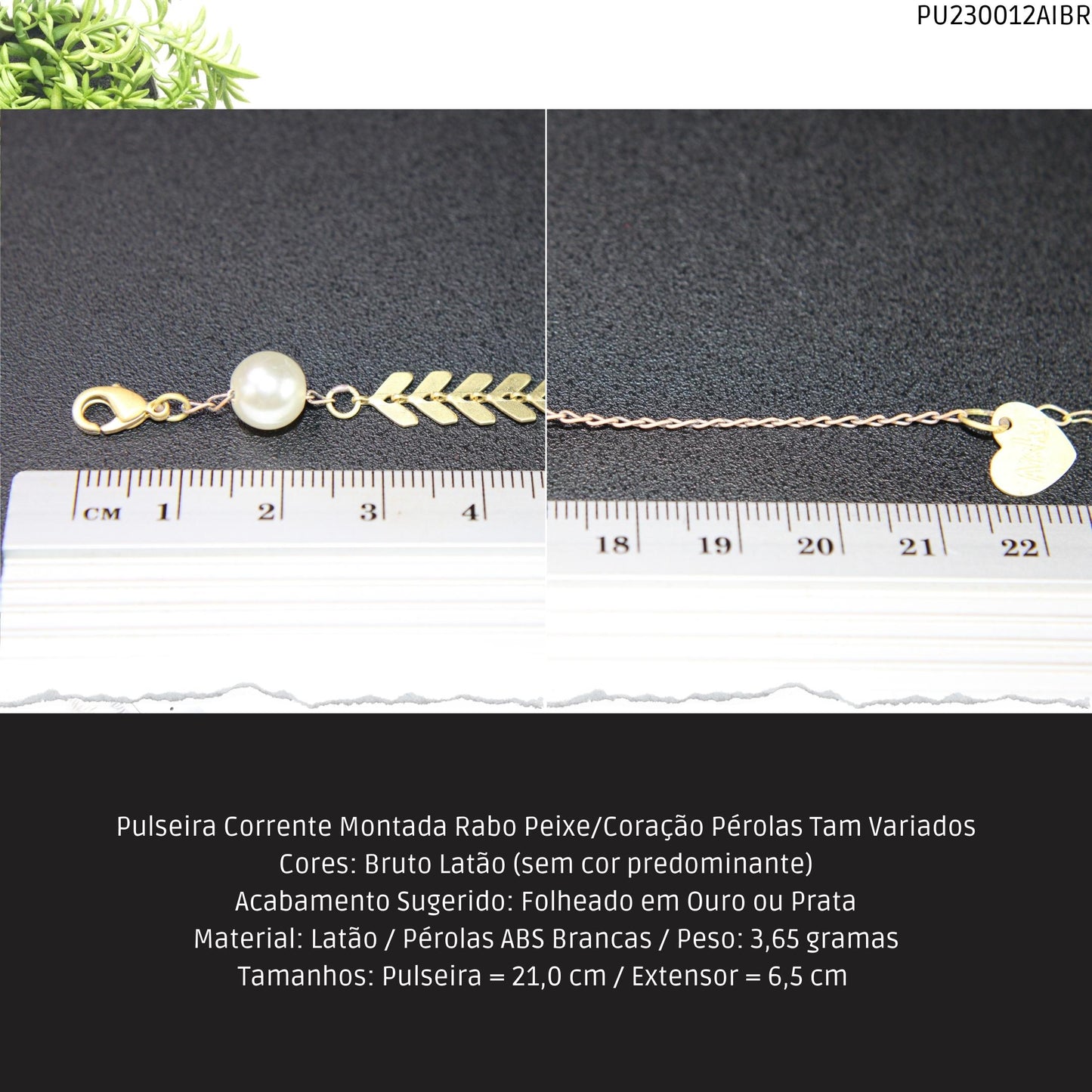 Pulseira Corrente Montada Rabo Peixe/Coração Pérolas Tam Variados  - Código.: PU230012AIBR  - Peso.: 3.6 gr
