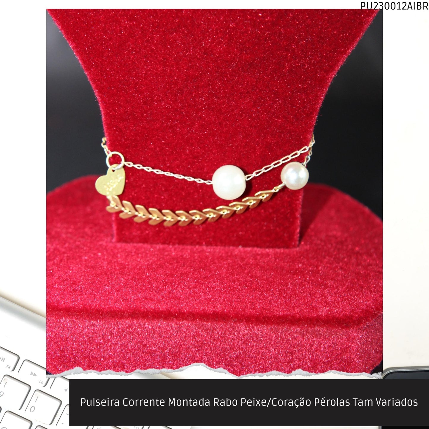 Pulseira Corrente Montada Rabo Peixe/Coração Pérolas Tam Variados  - Código.: PU230012AIBR  - Peso.: 3.6 gr