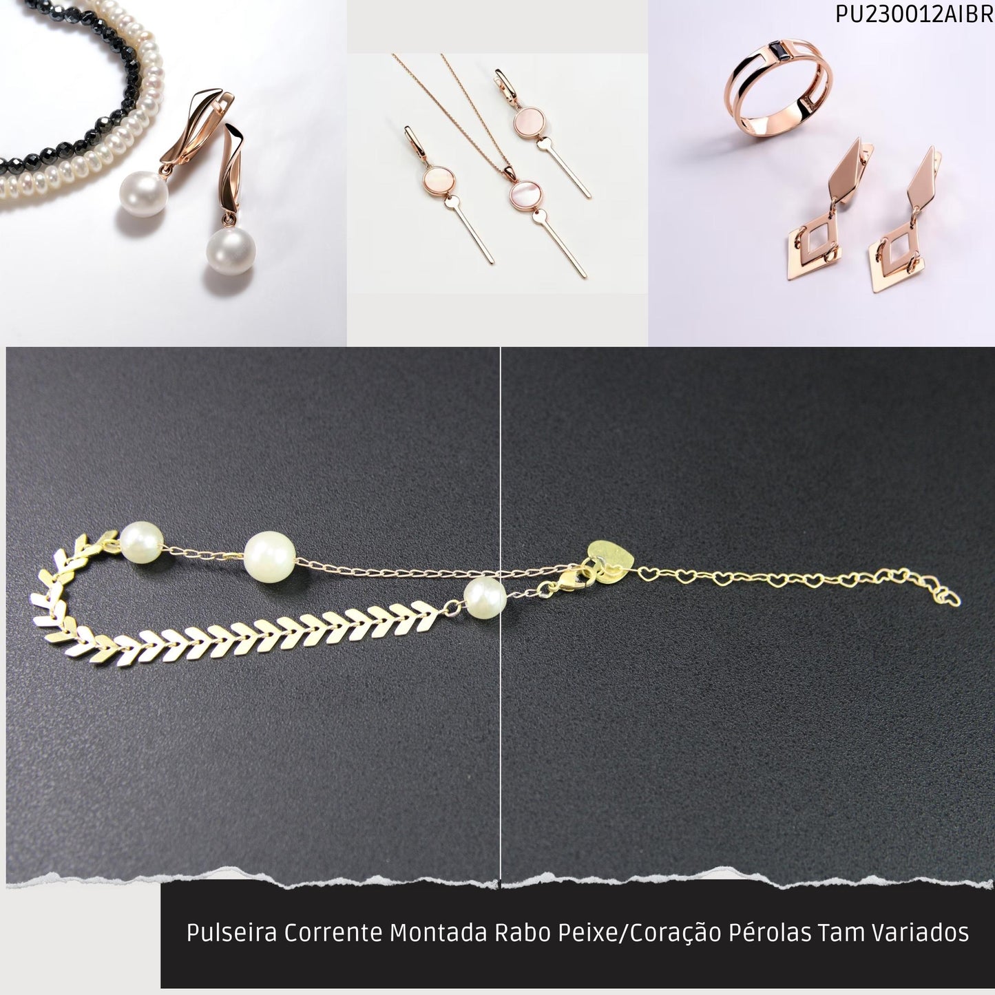 Pulseira Corrente Montada Rabo Peixe/Coração Pérolas Tam Variados  - Código.: PU230012AIBR  - Peso.: 3.6 gr