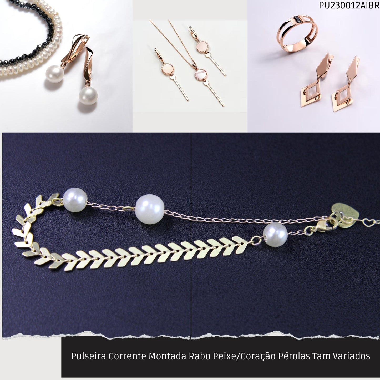 Pulseira Corrente Montada Rabo Peixe/Coração Pérolas Tam Variados  - Código.: PU230012AIBR  - Peso.: 3.6 gr