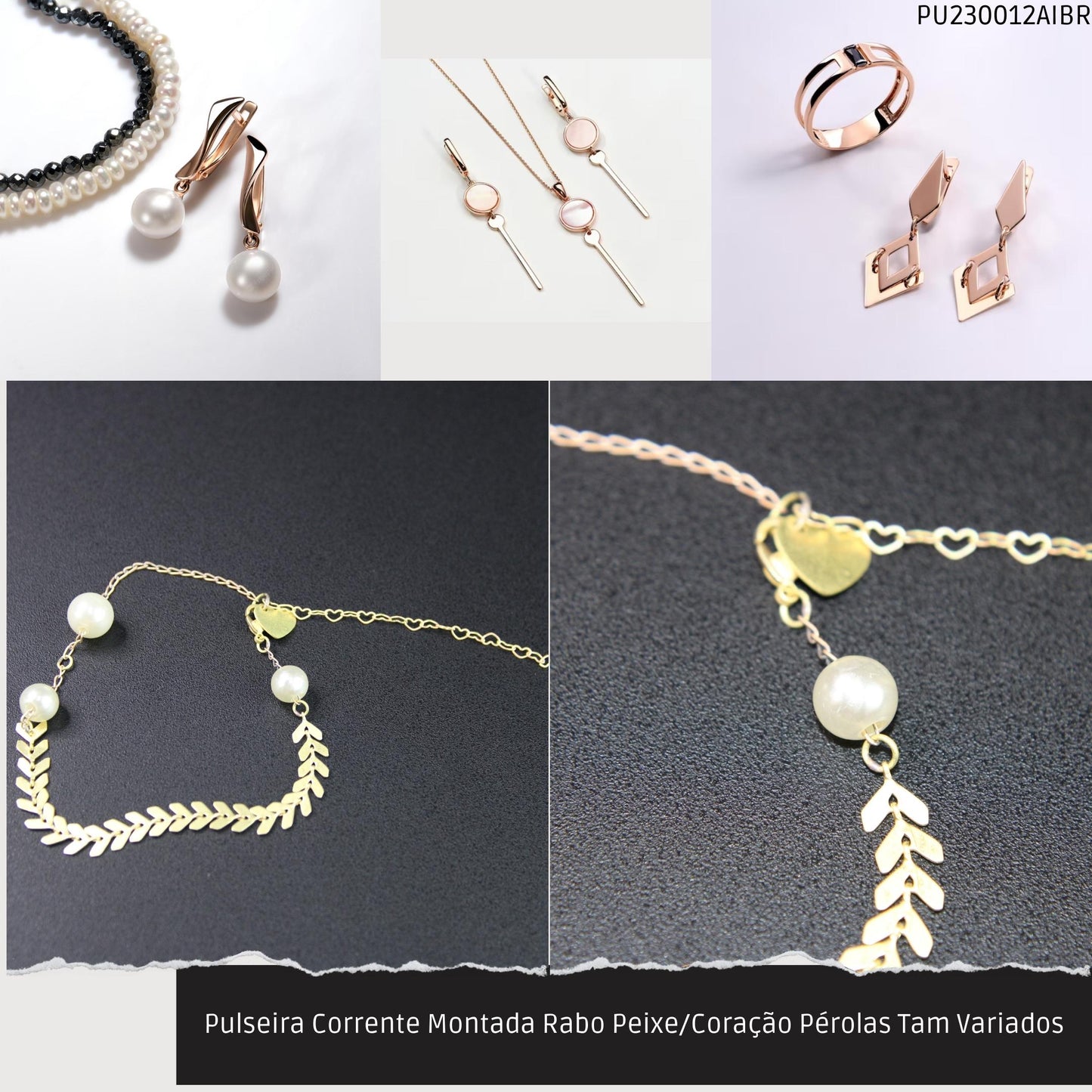 Pulseira Corrente Montada Rabo Peixe/Coração Pérolas Tam Variados  - Código.: PU230012AIBR  - Peso.: 3.6 gr