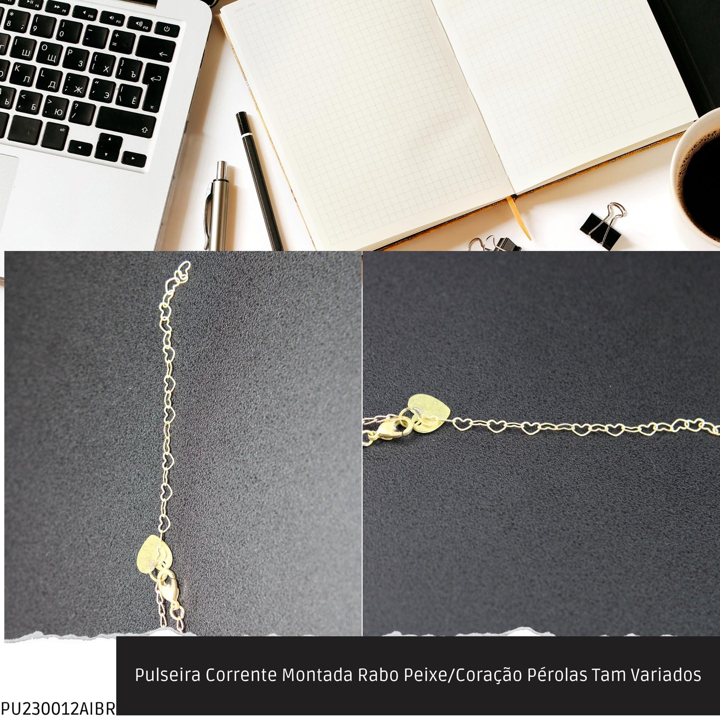 Pulseira Corrente Montada Rabo Peixe/Coração Pérolas Tam Variados  - Código.: PU230012AIBR  - Peso.: 3.6 gr