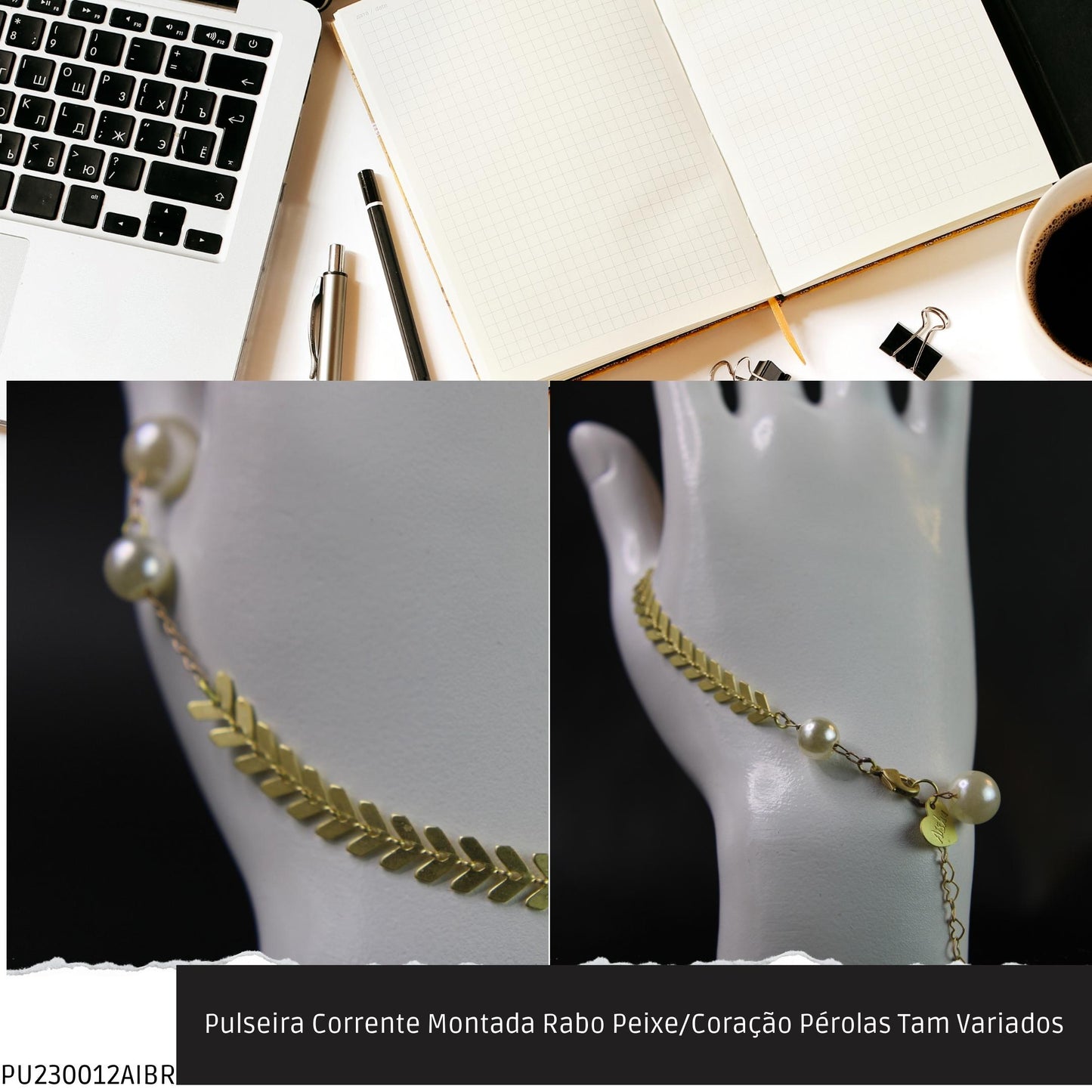 Pulseira Corrente Montada Rabo Peixe/Coração Pérolas Tam Variados  - Código.: PU230012AIBR  - Peso.: 3.6 gr