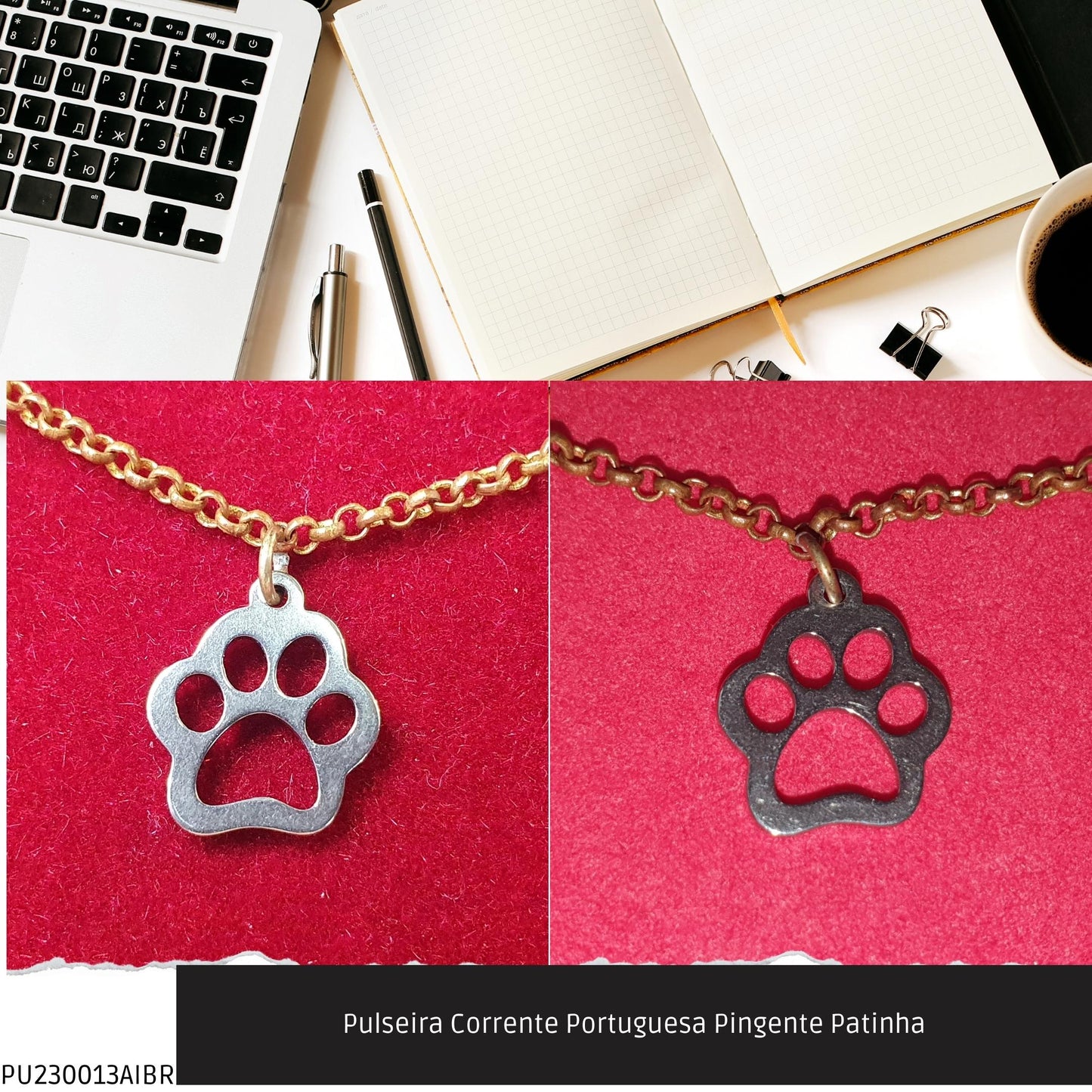 Pulseira Corrente Portuguesa Pingente Patinha  - Código.: PU230013AIBR  - Peso.: 1.9 gr