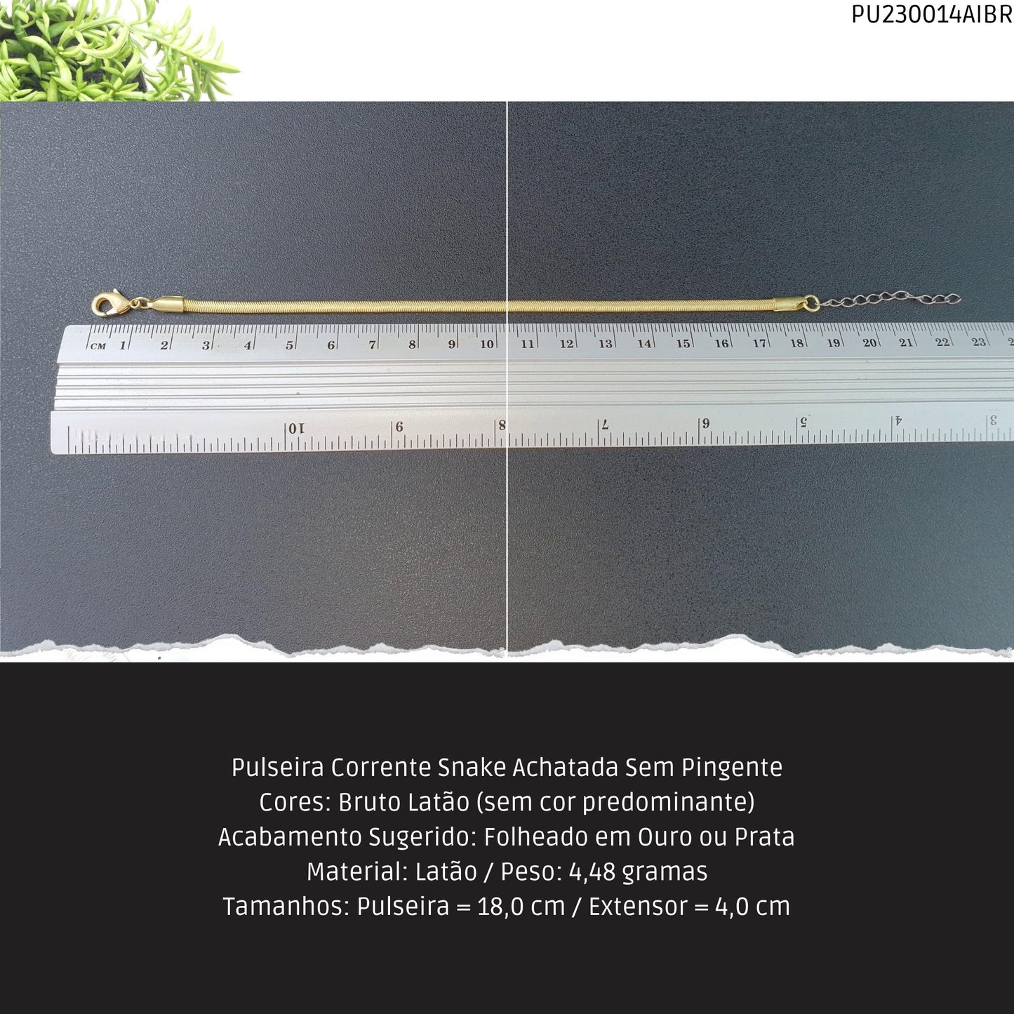 Pulseira Corrente Snake Achatada Sem Pingente  - Código.: PU230014AIBR  - Peso.: 4.5 gr