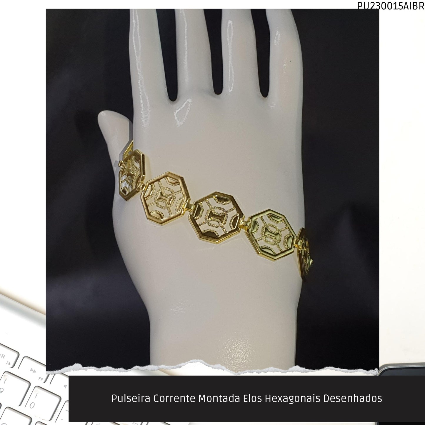 Pulseira Corrente Montada Elos Hexagonais Desenhados  - Código.: PU230015AIBR  - Peso.: 7.4 gr