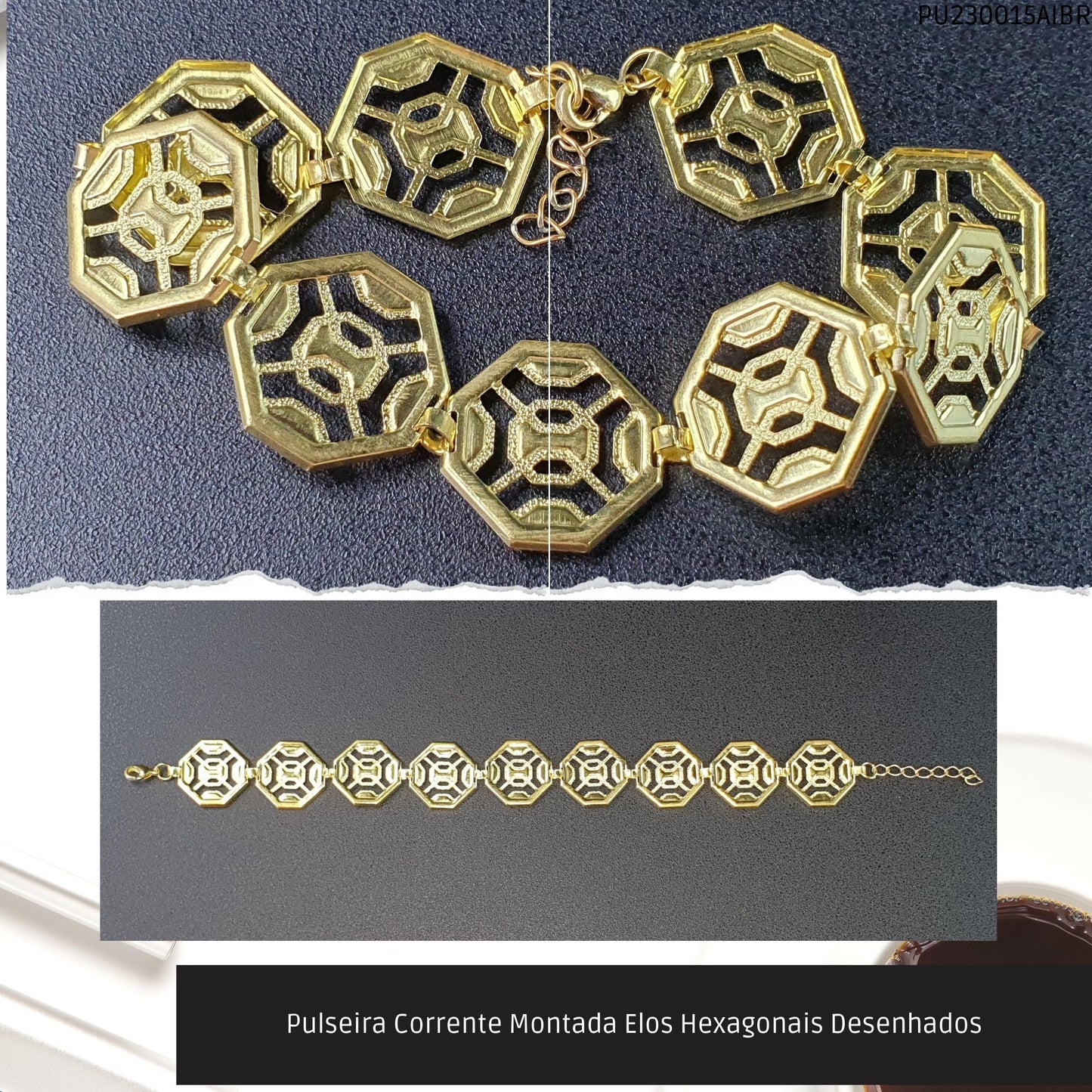 Pulseira Corrente Montada Elos Hexagonais Desenhados  - Código.: PU230015AIBR  - Peso.: 7.4 gr