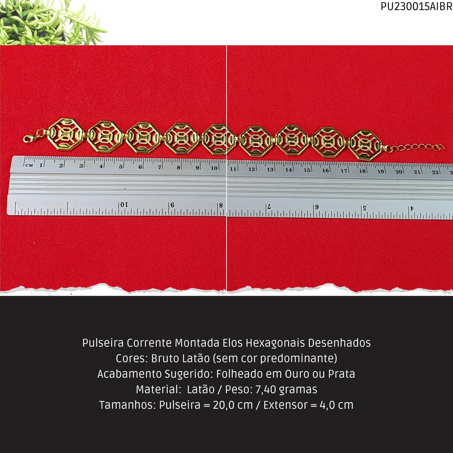 Pulseira Corrente Montada Elos Hexagonais Desenhados  - Código.: PU230015AIBR  - Peso.: 7.4 gr