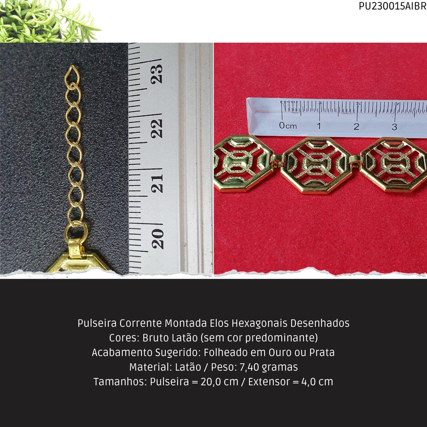 Pulseira Corrente Montada Elos Hexagonais Desenhados  - Código.: PU230015AIBR  - Peso.: 7.4 gr