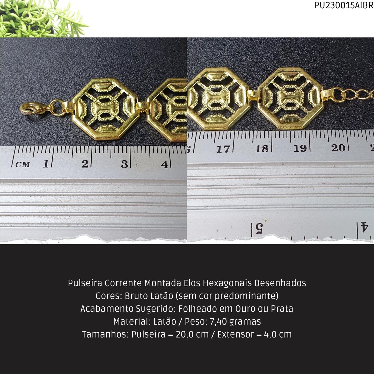 Pulseira Corrente Montada Elos Hexagonais Desenhados  - Código.: PU230015AIBR  - Peso.: 7.4 gr