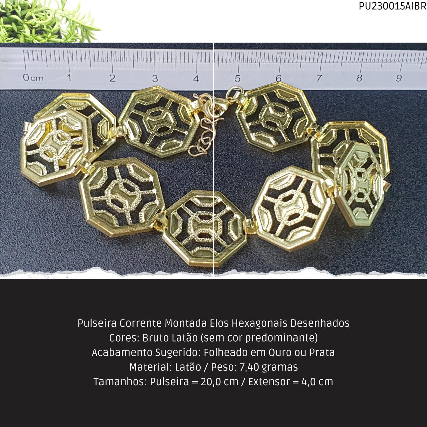Pulseira Corrente Montada Elos Hexagonais Desenhados  - Código.: PU230015AIBR  - Peso.: 7.4 gr