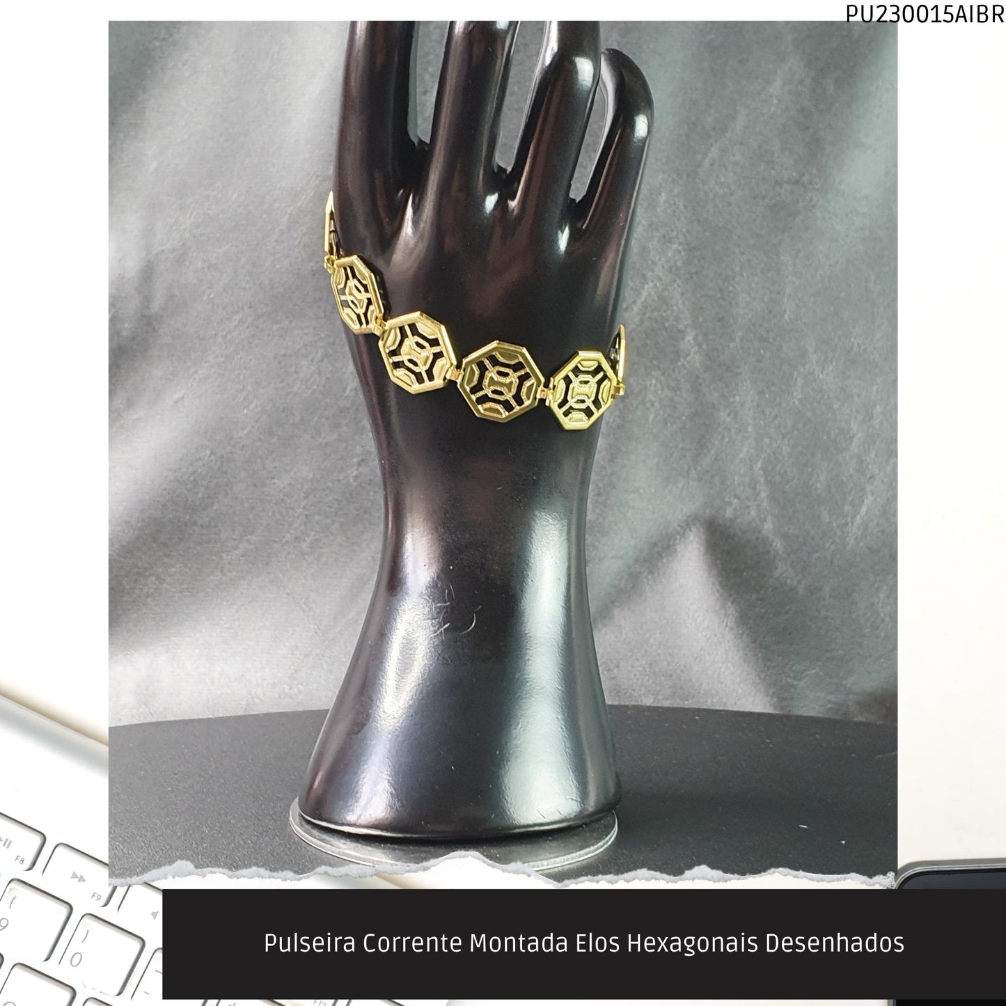 Pulseira Corrente Montada Elos Hexagonais Desenhados  - Código.: PU230015AIBR  - Peso.: 7.4 gr