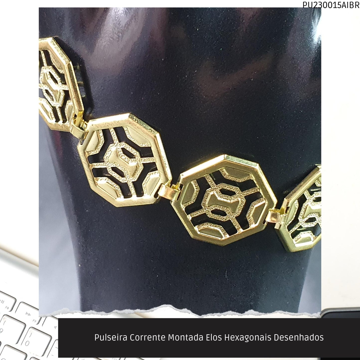 Pulseira Corrente Montada Elos Hexagonais Desenhados  - Código.: PU230015AIBR  - Peso.: 7.4 gr