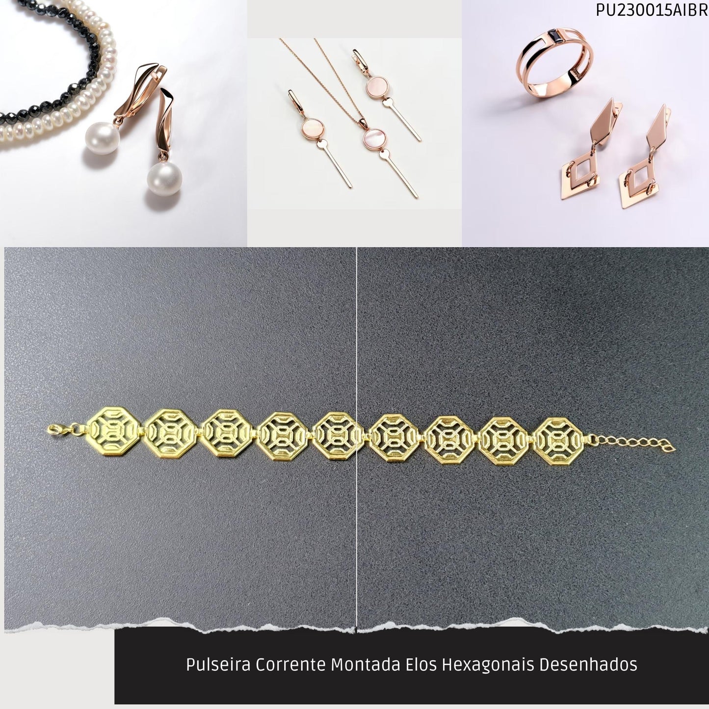 Pulseira Corrente Montada Elos Hexagonais Desenhados  - Código.: PU230015AIBR  - Peso.: 7.4 gr