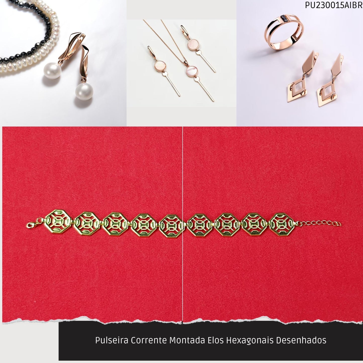 Pulseira Corrente Montada Elos Hexagonais Desenhados  - Código.: PU230015AIBR  - Peso.: 7.4 gr
