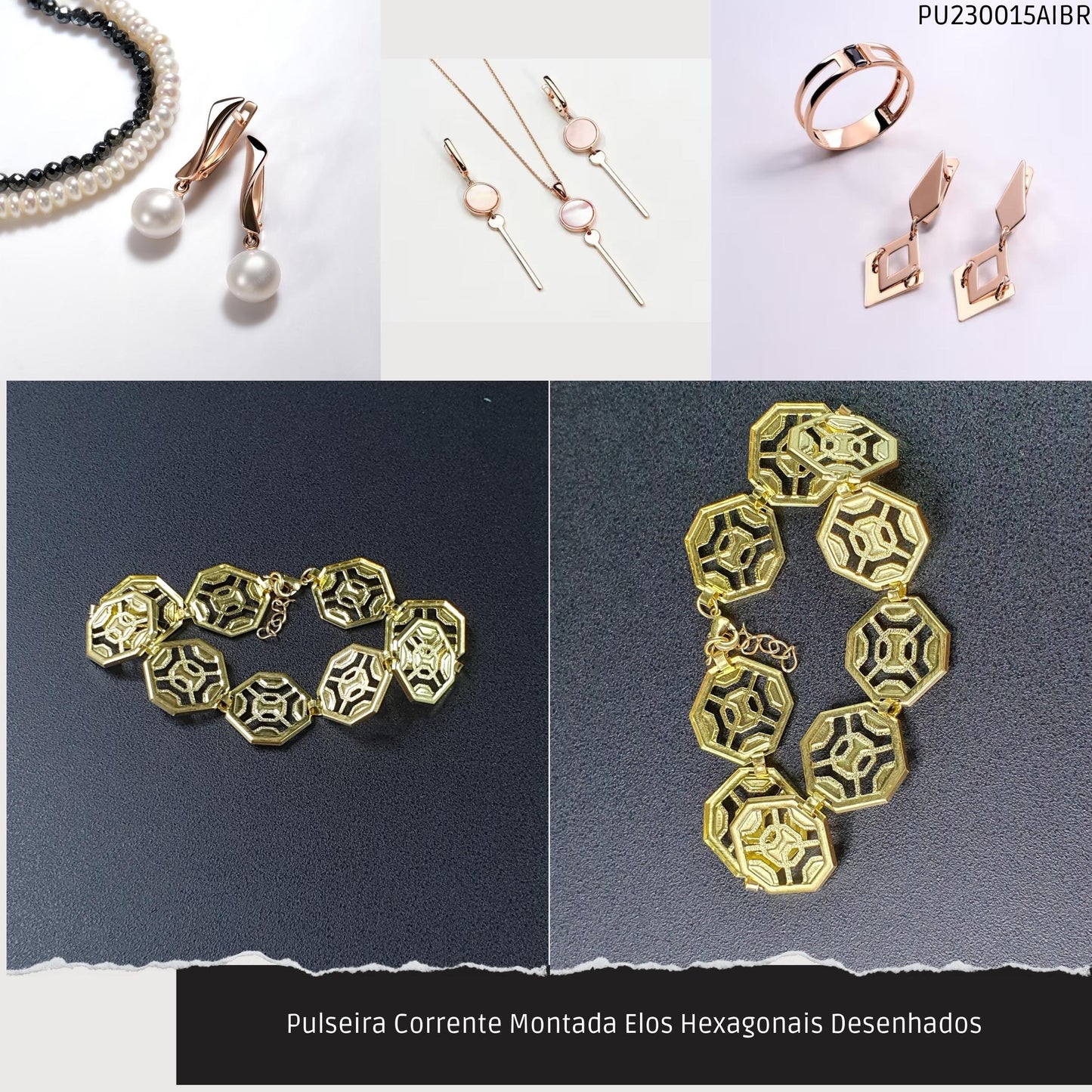Pulseira Corrente Montada Elos Hexagonais Desenhados  - Código.: PU230015AIBR  - Peso.: 7.4 gr
