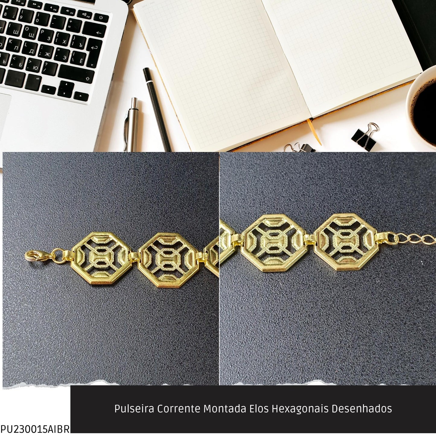 Pulseira Corrente Montada Elos Hexagonais Desenhados  - Código.: PU230015AIBR  - Peso.: 7.4 gr