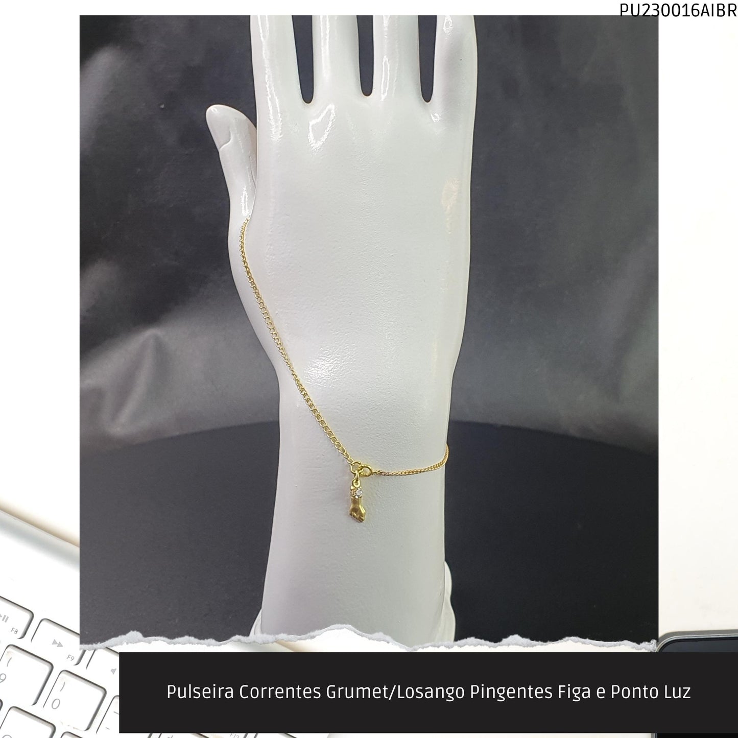 Pulseira Corrente Grumet Pingente Figa e Ponto Luz  - Código.: PU230016AIBR  - Peso.: 1.5 gr