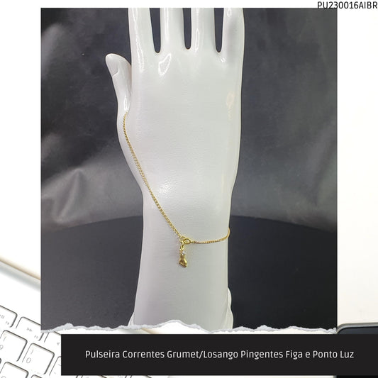 Pulseira Corrente Grumet Pingente Figa e Ponto Luz  - Código.: PU230016AIBR  - Peso.: 1.5 gr