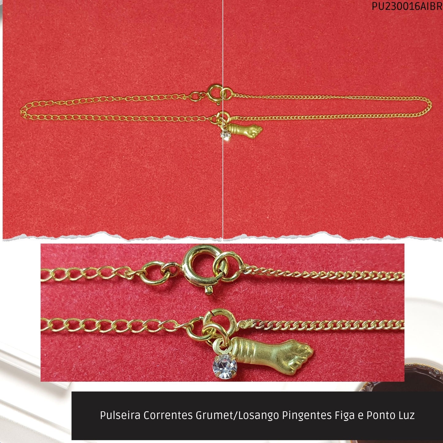 Pulseira Corrente Grumet Pingente Figa e Ponto Luz  - Código.: PU230016AIBR  - Peso.: 1.5 gr