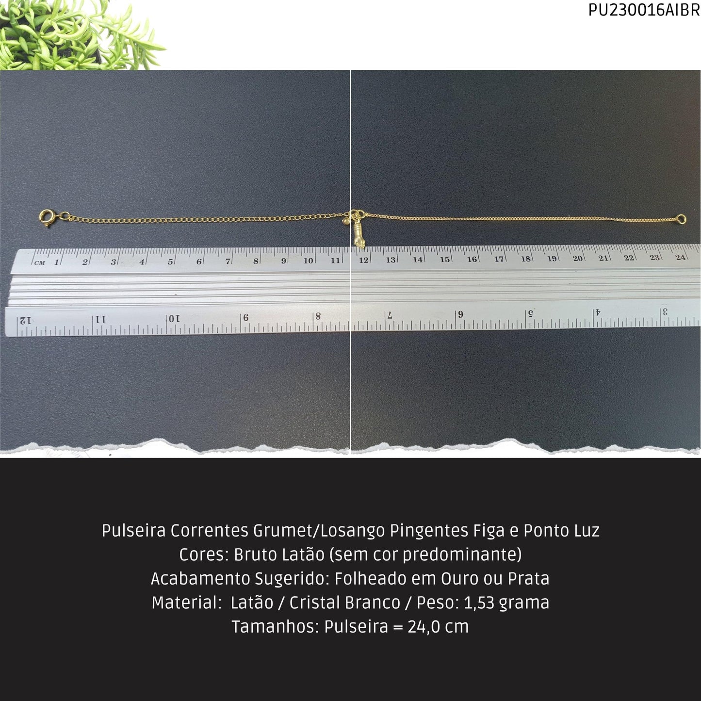 Pulseira Corrente Grumet Pingente Figa e Ponto Luz  - Código.: PU230016AIBR  - Peso.: 1.5 gr