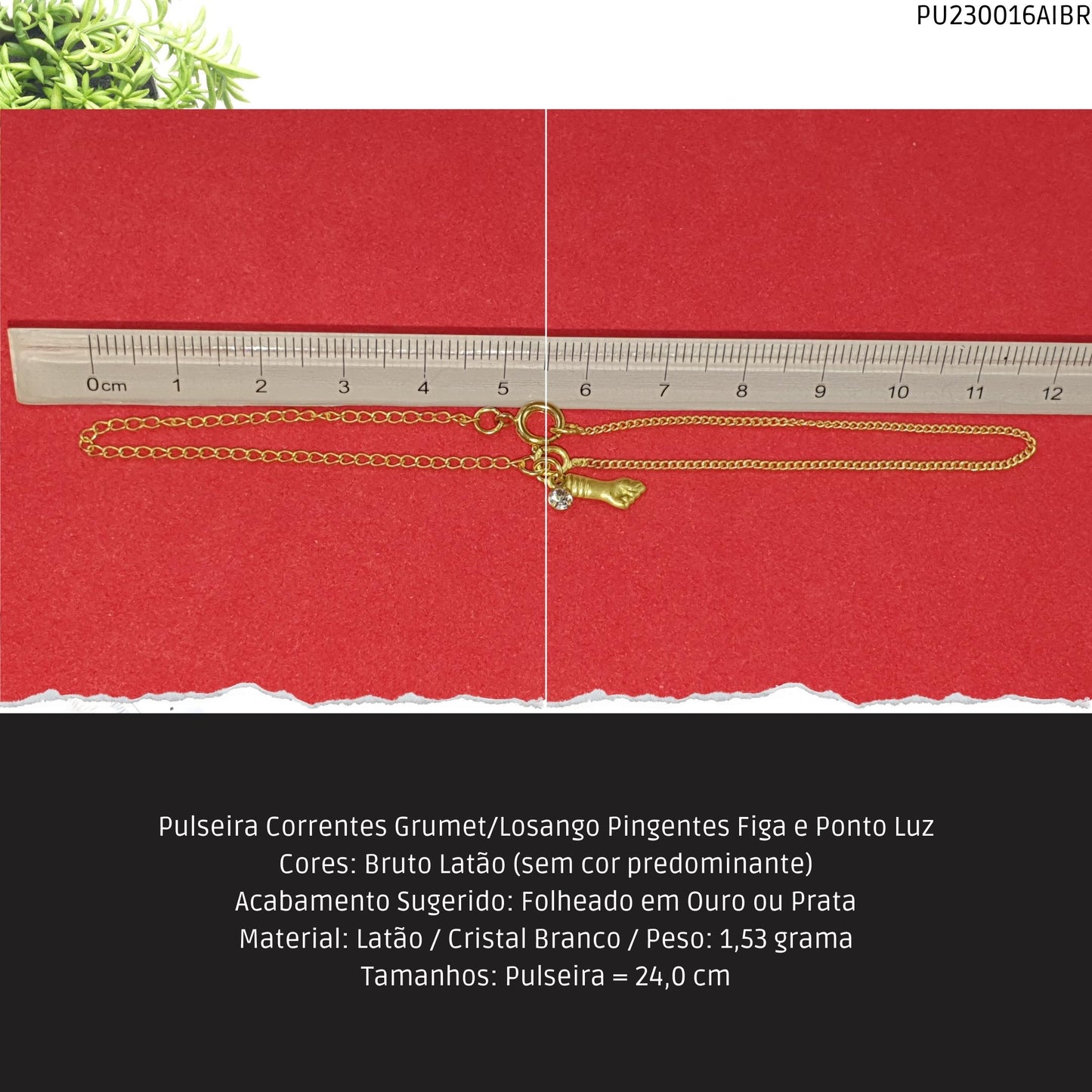 Pulseira Corrente Grumet Pingente Figa e Ponto Luz  - Código.: PU230016AIBR  - Peso.: 1.5 gr