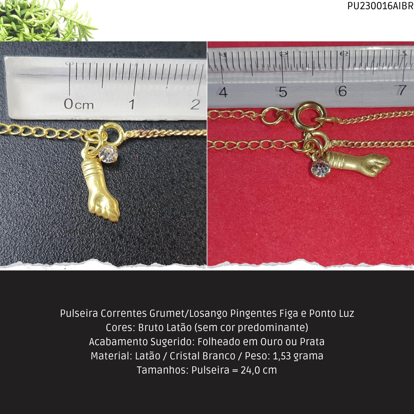 Pulseira Corrente Grumet Pingente Figa e Ponto Luz  - Código.: PU230016AIBR  - Peso.: 1.5 gr