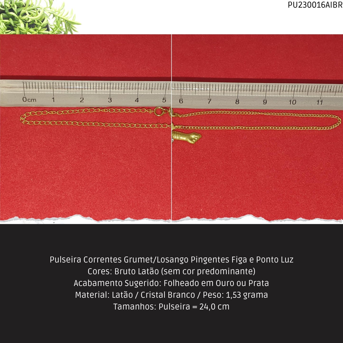 Pulseira Corrente Grumet Pingente Figa e Ponto Luz  - Código.: PU230016AIBR  - Peso.: 1.5 gr