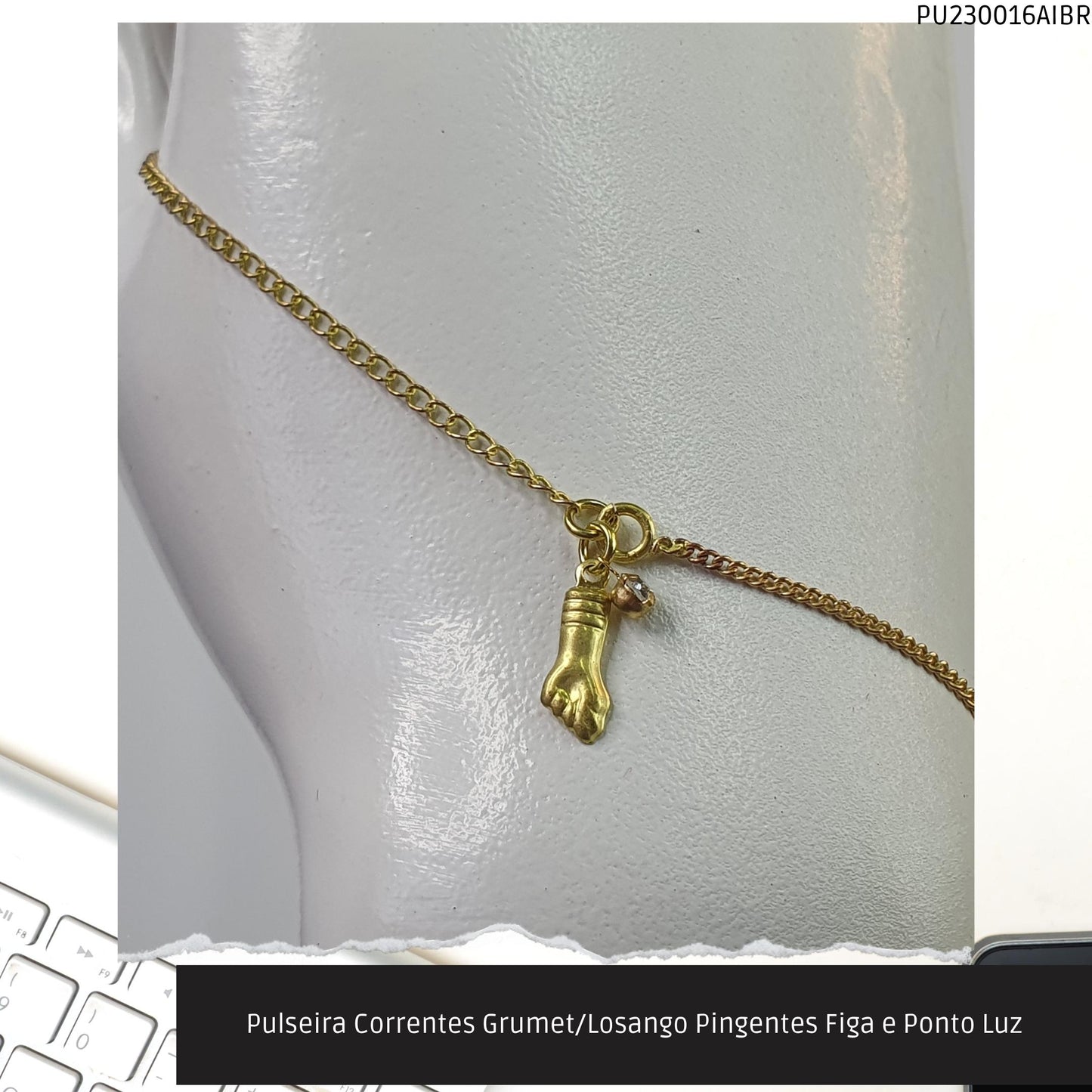 Pulseira Corrente Grumet Pingente Figa e Ponto Luz  - Código.: PU230016AIBR  - Peso.: 1.5 gr