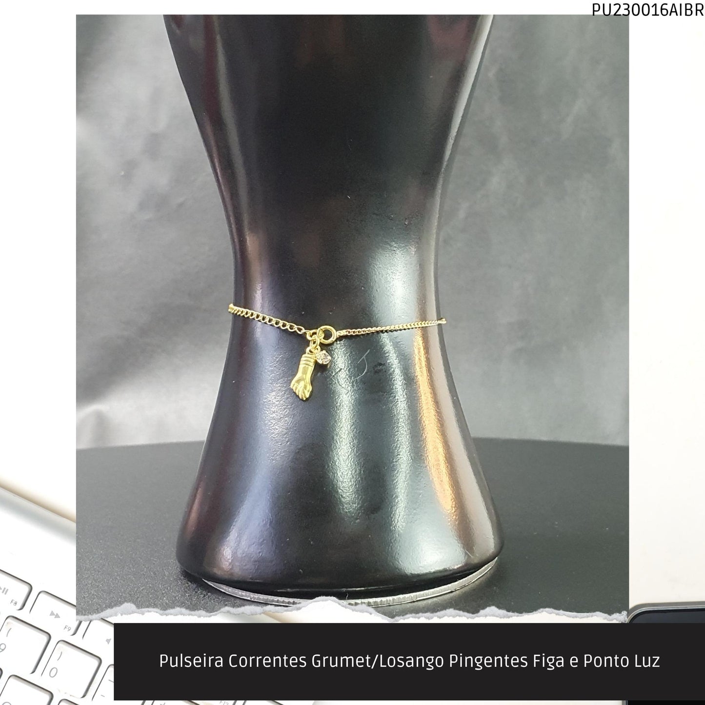 Pulseira Corrente Grumet Pingente Figa e Ponto Luz  - Código.: PU230016AIBR  - Peso.: 1.5 gr