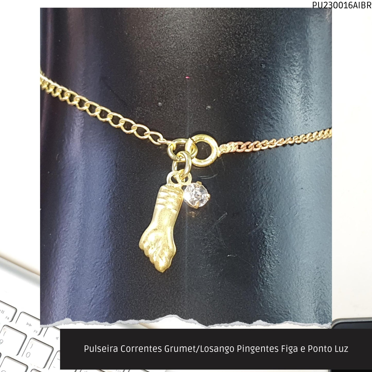 Pulseira Corrente Grumet Pingente Figa e Ponto Luz  - Código.: PU230016AIBR  - Peso.: 1.5 gr