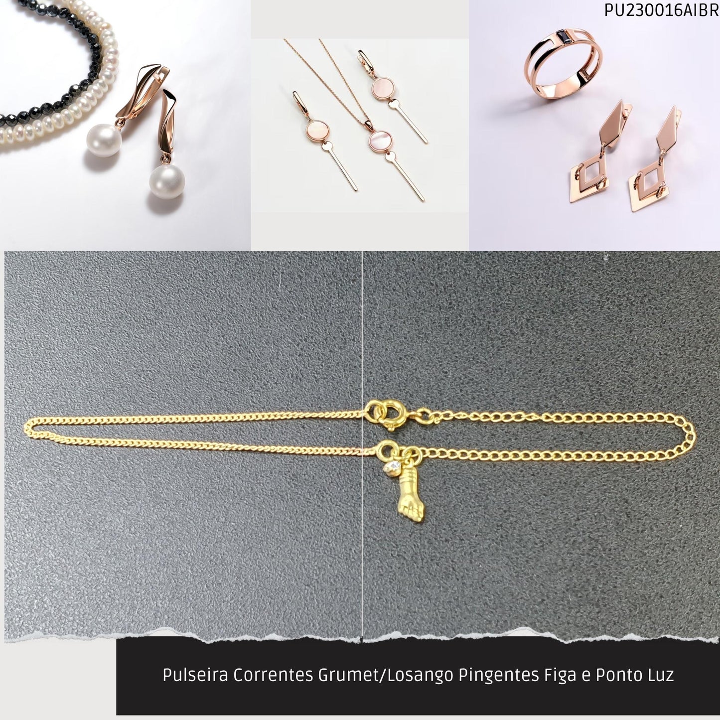 Pulseira Corrente Grumet Pingente Figa e Ponto Luz  - Código.: PU230016AIBR  - Peso.: 1.5 gr