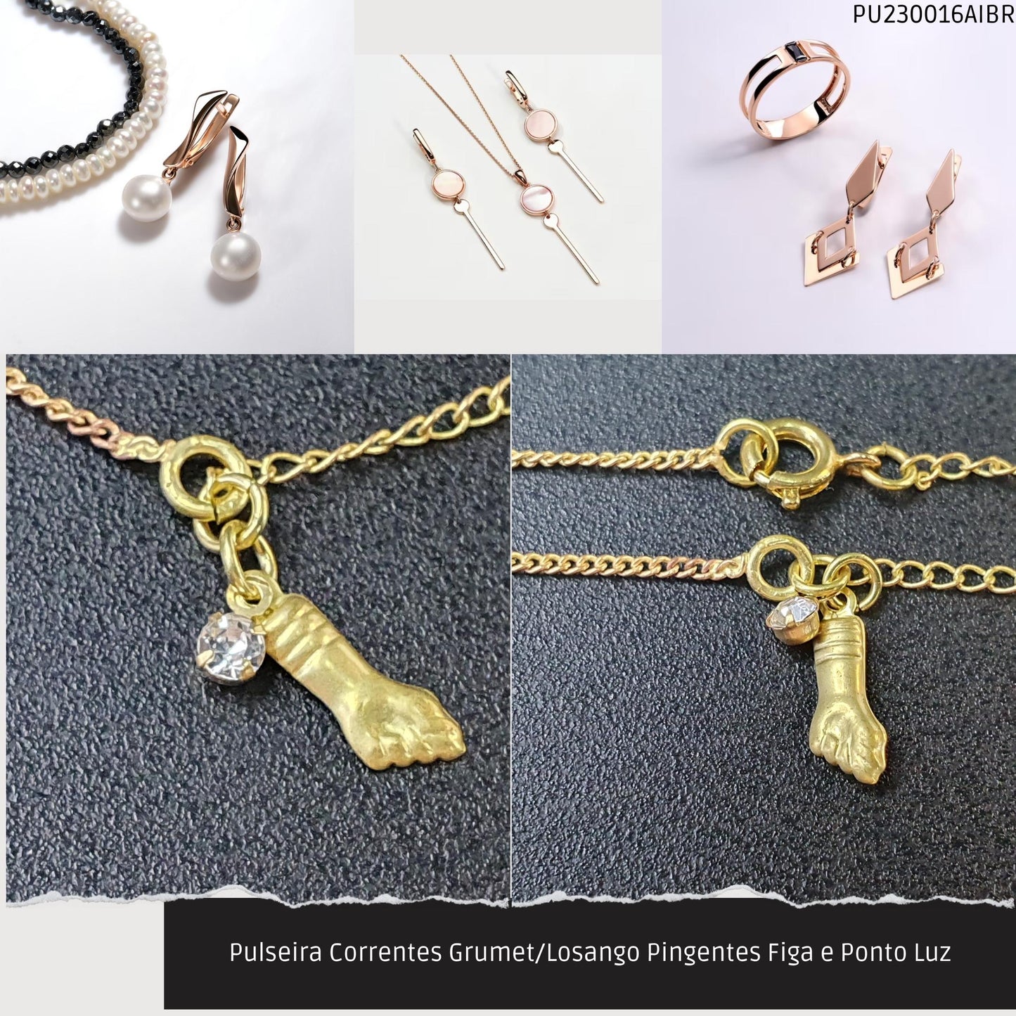 Pulseira Corrente Grumet Pingente Figa e Ponto Luz  - Código.: PU230016AIBR  - Peso.: 1.5 gr