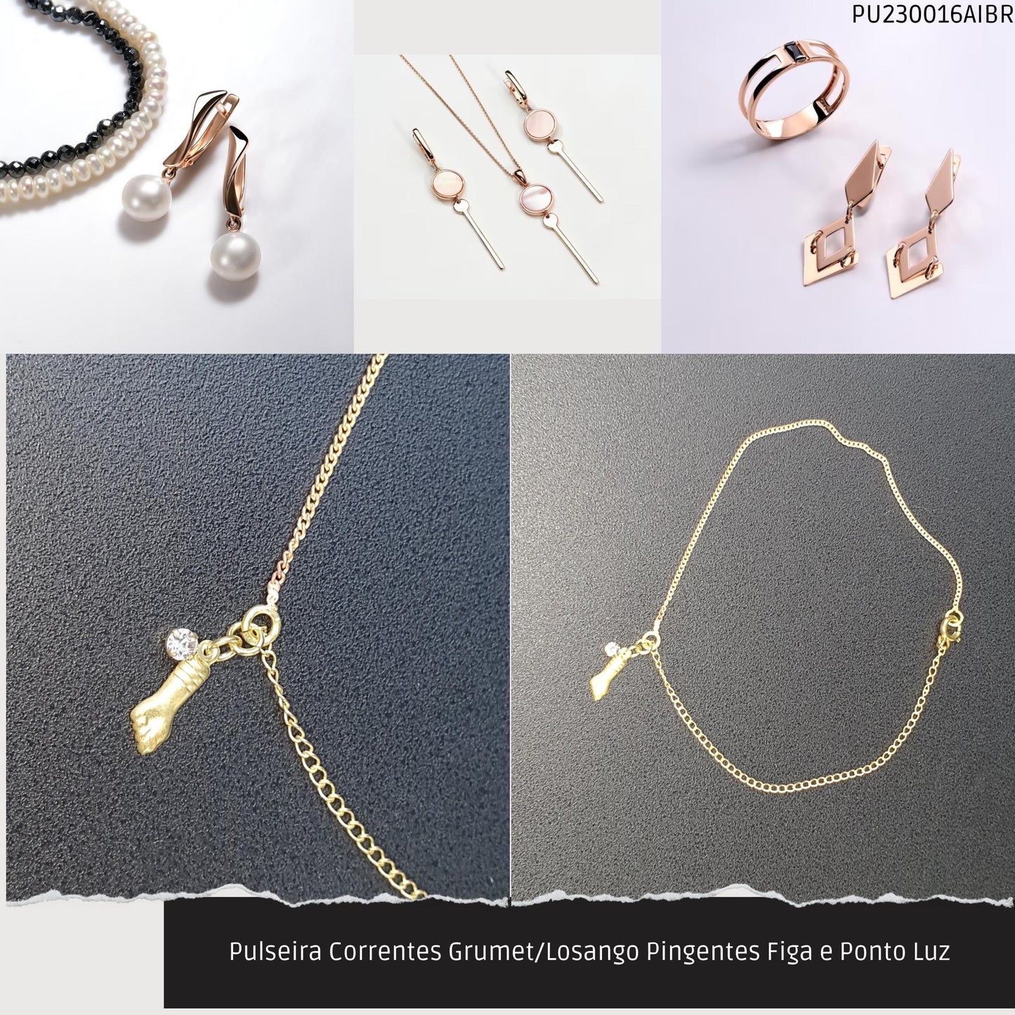 Pulseira Corrente Grumet Pingente Figa e Ponto Luz  - Código.: PU230016AIBR  - Peso.: 1.5 gr