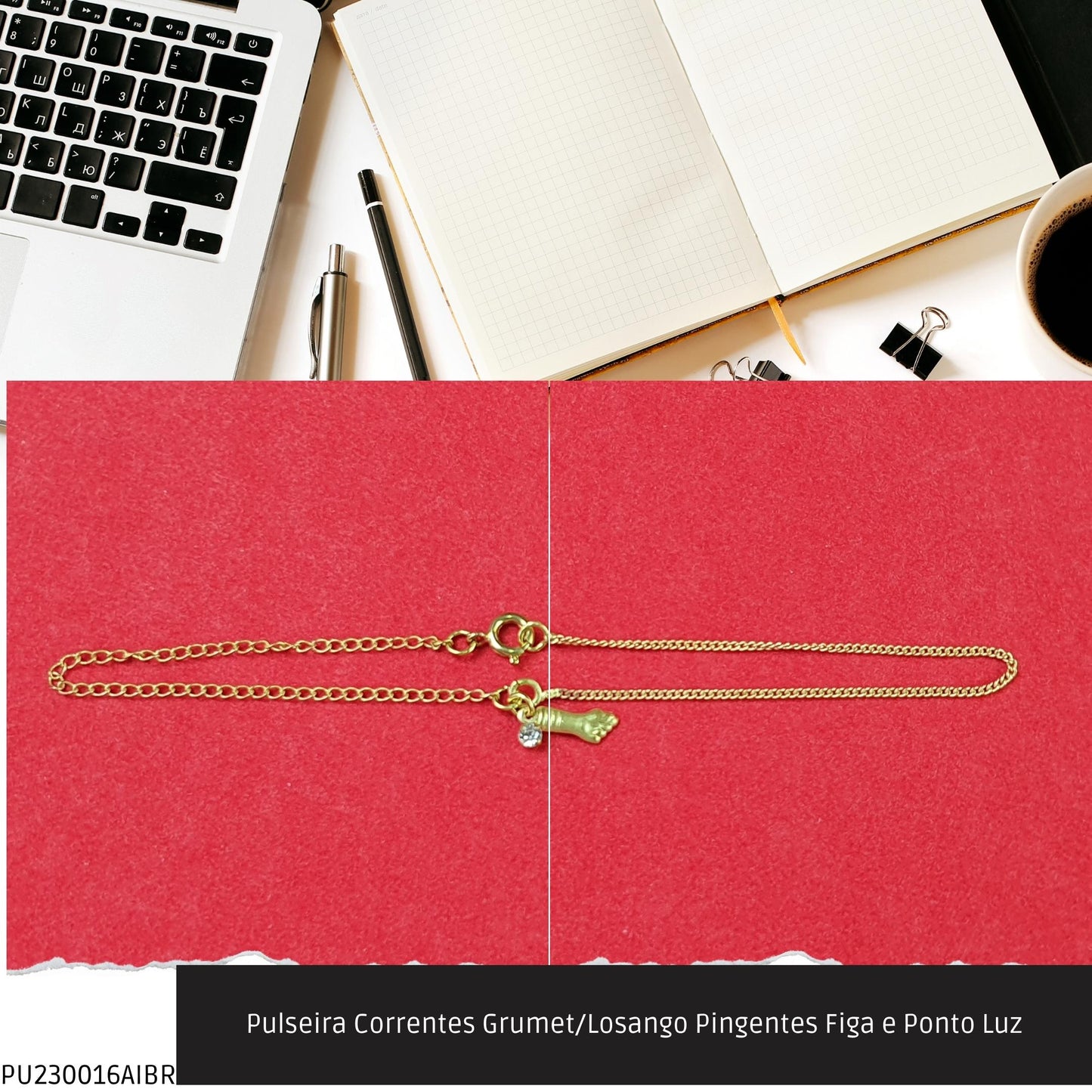 Pulseira Corrente Grumet Pingente Figa e Ponto Luz  - Código.: PU230016AIBR  - Peso.: 1.5 gr