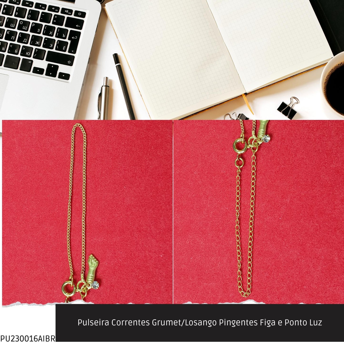 Pulseira Corrente Grumet Pingente Figa e Ponto Luz  - Código.: PU230016AIBR  - Peso.: 1.5 gr