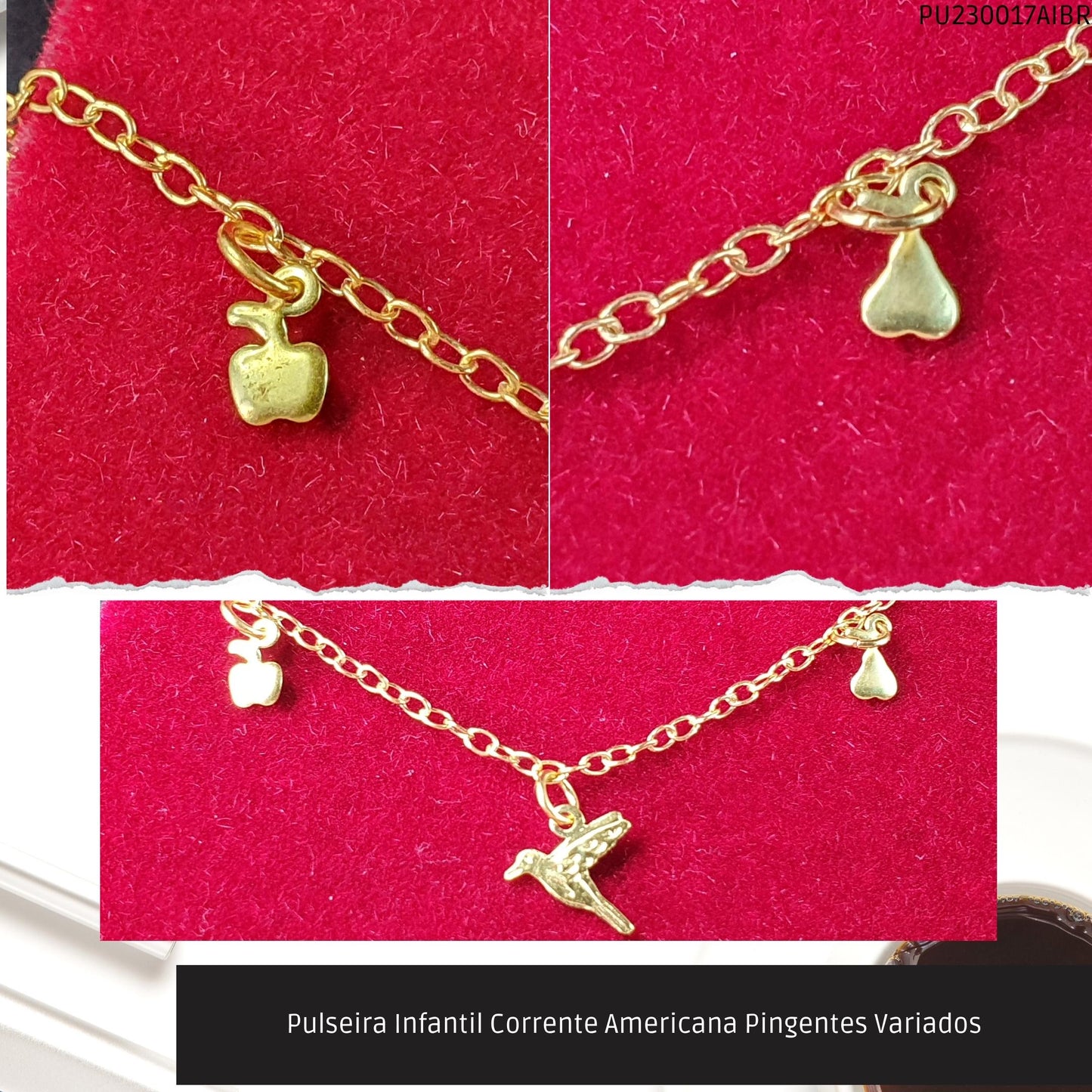 Pulseira Infantil Corrente Americana Pingentes Variados  - Código.: PU230017AIBR  - Peso.: 0.9 gr